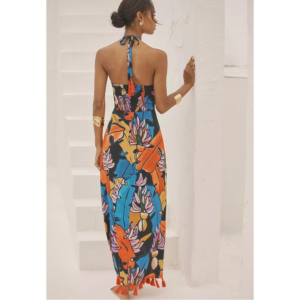 FARM Rio Halter Cover-Up Maxi Dress Floral Tassel Resort Maxi Summer Vacation M - Picture 6 of 12